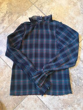 The Fifth Label Navy, Green & Red Tartan Ruffle-Neck Top